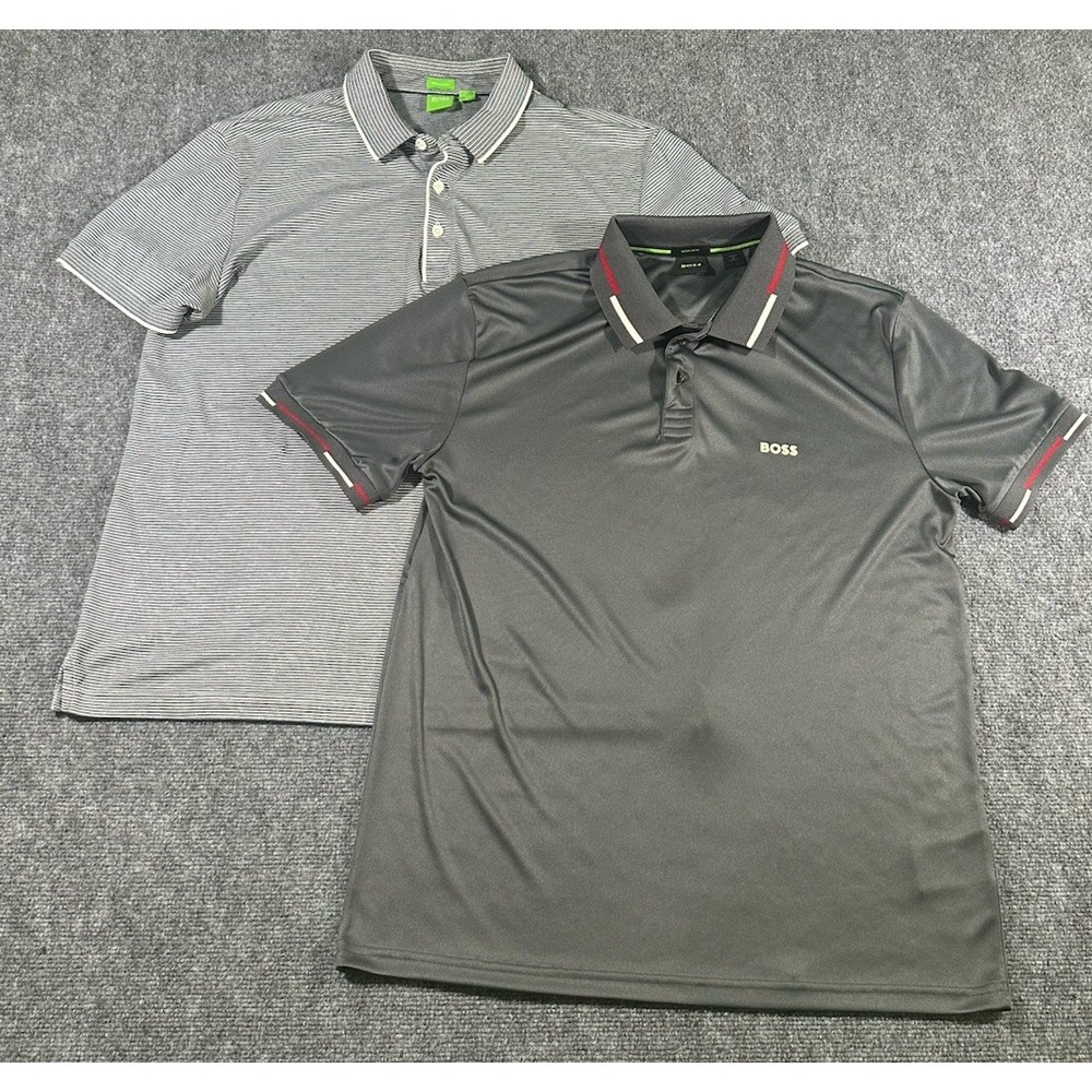 Lot Of 2 Hugo Boss Mens Grey Polo Shirts Sz Large Reg Fit Cotton + Polyester
